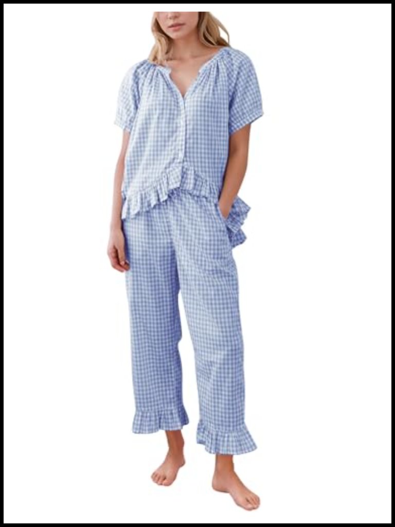 100% Cotton Gingham 2 Piece Pajama Set Short Sleeve Babydoll Shirt Ruffle Pants